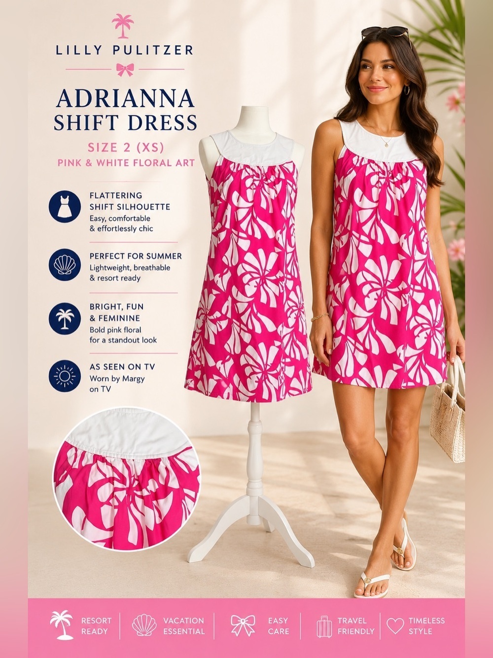 Lilly Pulitzer Adrianna Shift Dress Pink White Floral Resort Preppy XS 2